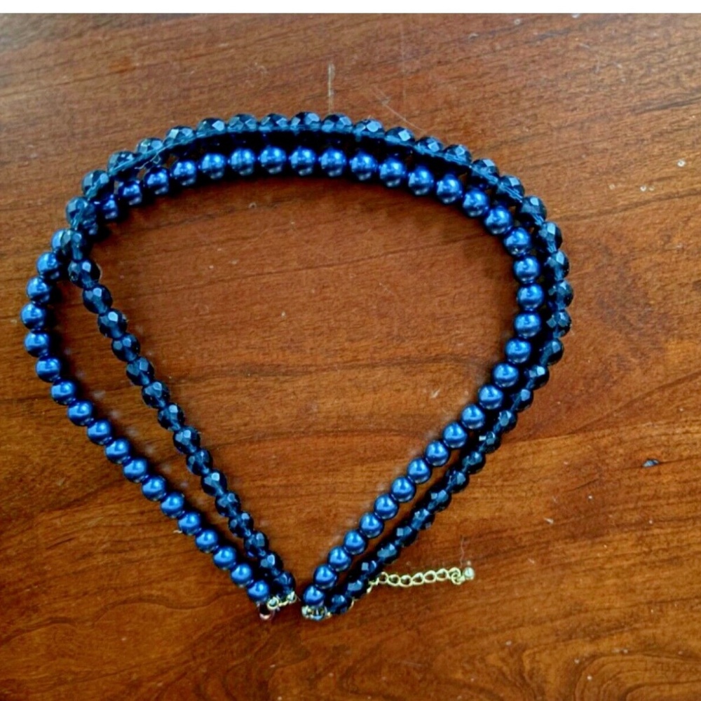 Navy Blue Faux Pearl Double Strand Necklace Vintage Costume